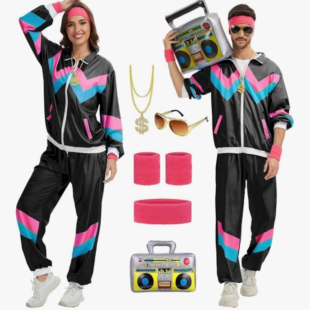 80s Costume Black Tracksuit with Pink and Blue Accents New